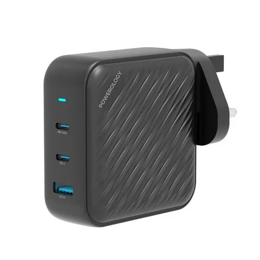 Powerology 140W PD QC 2xUSB-C and 1xUSB-A GaN Charger UK - Black - Tashqila Powerology 140W PD QC 2xUSB-C and 1xUSB-A GaN Charger UK - Black - Tashqila